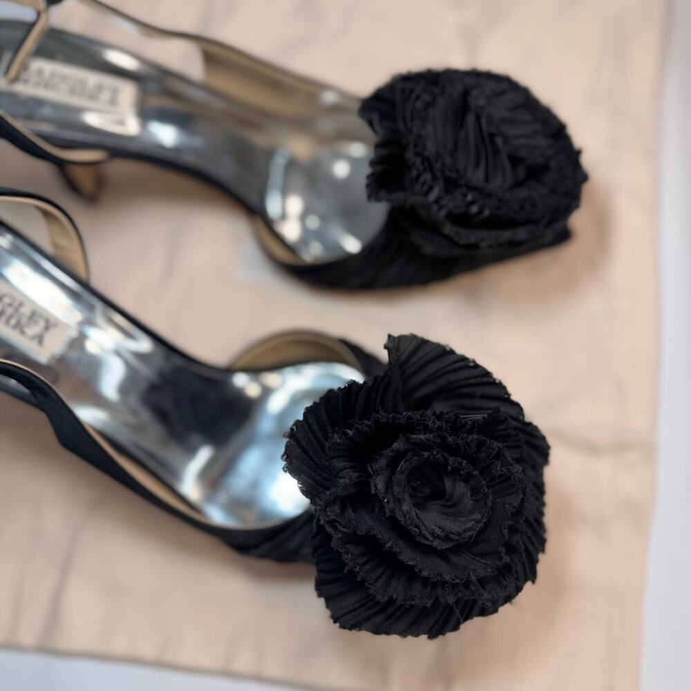 Badgley Mischka Blaire Slingback Heels Black Satin Floral Size 8 Wedding Event - Picture 5 of 10